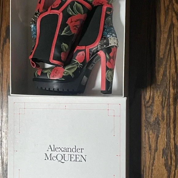 Alexander McQueen Red Floral Heeled Boots